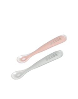 Béaba Κουτάλι σιλικόνης 1st age 2 τεμ με κουτί μεταφοράς Grey/Pink