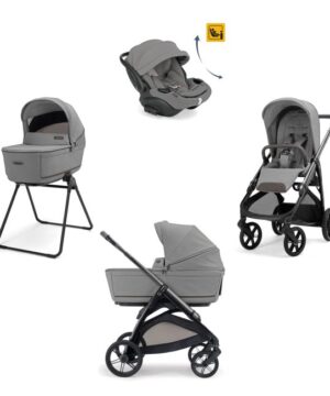 Inglesina Σύστημα μεταφοράς Aptica Quattro 2026 χρώμα Crystal Grey με σκελετό Litio Black και παιδικό κάθισμα αυτοκινήτου Darwin Recline EVO
